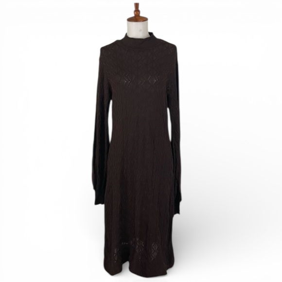 Vintage Dresses & Skirts - Vintage Knit Dress Women’s L Brown Semi Sheer Mock Neck‎ Long Sleeve Midi